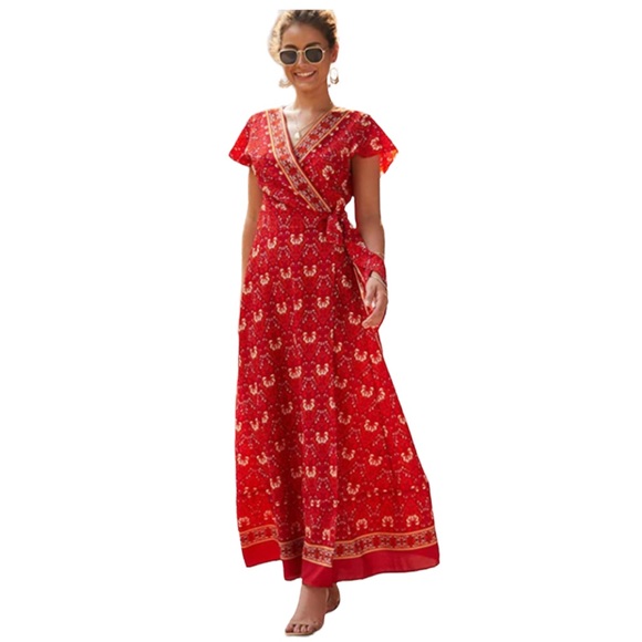 Red patterned boho wrap v neck maxi split dress - Picture 3 of 15